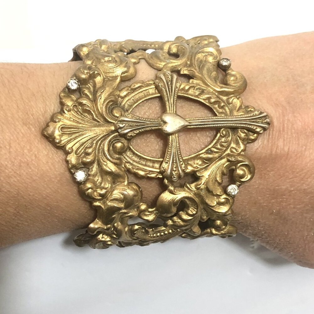 Vintage Wide Cuff Bracelet Virgins Saints & Angels Cross Gold Tone Ornate - Picture 2 of 14